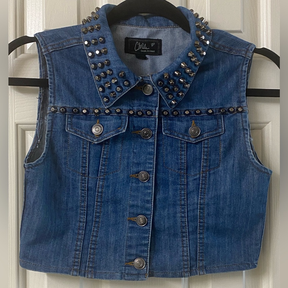 Chiqle Denim Architect Studded Button Up Denim Vest Size Small